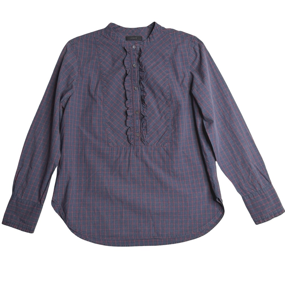 J.Crew Ruffle Front Tuxedo‎ Shirt in Harvest Plaid Blue & Red Women's Sz M